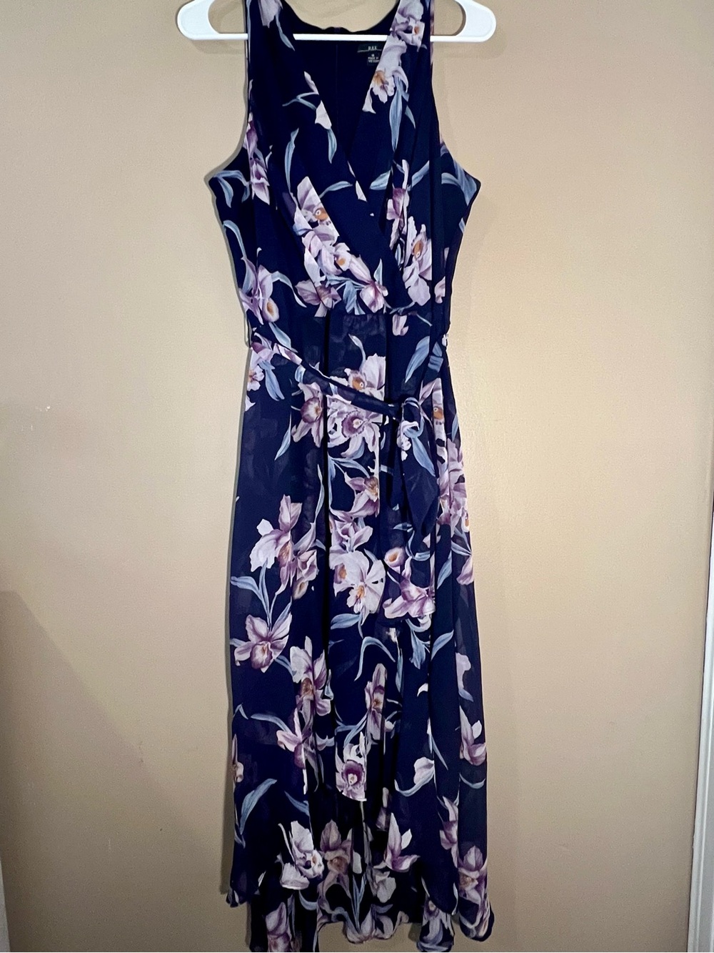 R&K Navy Floral Sleeveless Wrap-Front High/Low Dress with Chiffon Tie